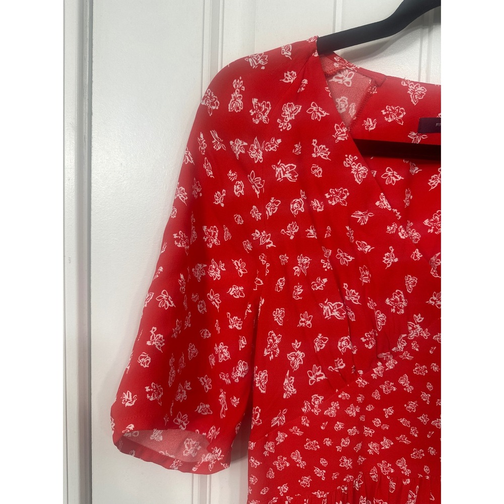 French Connection Red Floral V-Neck Midi Dress Empire Waist Ruffle Hem Size 6 - Picture 4 of 12